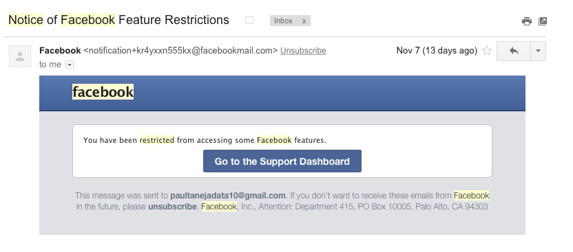 notice of facebook feature restrictions